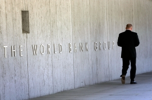 A person walks outside World Bank headquarters in Washington