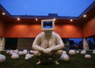 Lin Tianmiao: 'Gazing Back - procreating (outdoor),' 2009. Polyurea, automotive paint, television recordings. (Lin Tianmiao)
