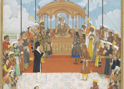 Attributed to Ghulam Murtaza Khan (active 1809–30). Akbar II in darbar with the British Resident Charles Metcalfe Delhi. ca. 1811–15. Opaque watercolor, gold, and silver on paper H. 24 5⁄16 × W. 18 9⁄16 in. (61.7 × 47.1 cm) 