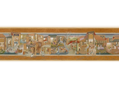 Shahzia Sikander. The Scroll, 1989-1990. Vegetable color, dry pigment, watercolor, and tea on wasli paper. H50.5 x W179.6 cm. Courtesy of the artist.
