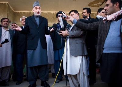 Afghan President Hamid Karzai talks to media after hearing complaints from residents of Marjah, which U.S., NATO, and Afghan troops just seized from the Taliban, on Mar. 7, 2010. (Dusan Vranic-Pool/Getty Images)