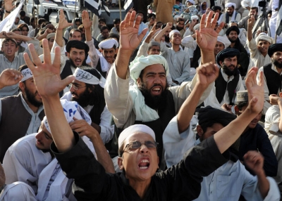 Pakistani supporters of hardline pro-Taliban party Jamiat Ulema-i-Islam-Nazaryati protesting in Quetta on June 18, 2009. (Banaras Khan/AFP/Getty Images) 
