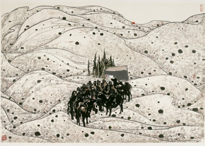 Wu Guanzhong, Camels in the Desert, 1981. Ink & color on paper, 69 x 99 cm. &copy; Take a Step Back Collection