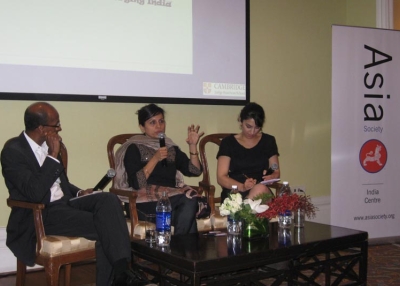Navi Radjou, Geetu Verma, and Simone Ahuja speak on INDOvations at Asia Society India Centre on November 18, 2010. (Asia Society India Centre)