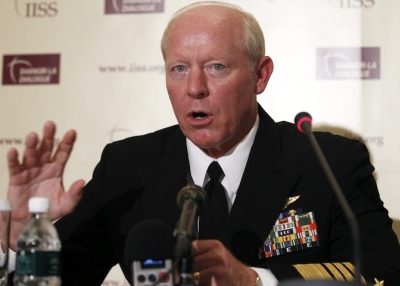 Commander of the US Pacific Command, Adm. Robert F. Willard addresses the media during a meeting at the Shangri-La Dialogue's Asia Security Summit on June 4, 2010 in Singapore. (Carolyn Kaster-Pool/Getty Images)