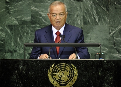 Uzbekistan President Islam Karimov addresses UN headquarters in New York on Sept. 20, 2010. A lawsuit currently in French courts reveals Karimov's family to be sensitive about his being referred to as a "dictator." (Emmanuel Dunand/Getty Images)
