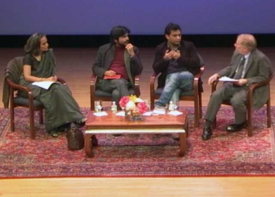 L to R: Arundhati Roy, Pankaj Mishra, Mohamad Junaid and Philip Oldenburg in New York City on November 11, 2011.  