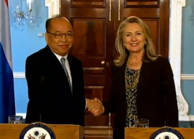 U.S. Secretary of State Hillary Rodham Clinton delivers remarks with Thai Foreign Minister Dr. Surapong Tovichakchaikul at the Department of State in Washington, D.C. on June 13, 2012. (YouTube)