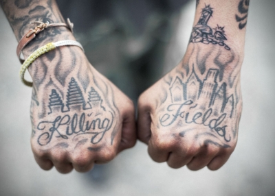 Shorty, 28, Killing Fields tattoo, Philadelphia, Pennsylvania. April 2011. (Pete Pin)
