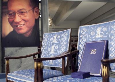 The empty chair with a diploma and medal that should have been awarded to this year's Nobel Peace Prize winner Liu Xiaobo stands in Oslo City Hall on December 10, 2010. (Junge, Heiko/AFP/Getty Images)