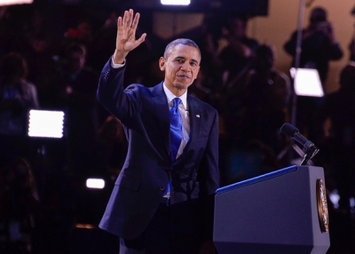 President Barack Obama waves during the election night rally at McCormick Place in Chicago, Illinois, on November 6, 2012. (Kevin Gebhardt/Flickr)