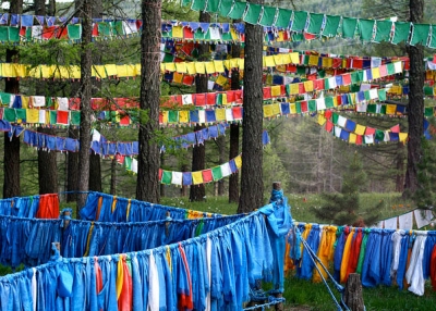 Tibetan prayer flags hang from trees at a monastery in Tuvkhun, Mongolia on June 9, 2013. (François Philipp/Flickr)