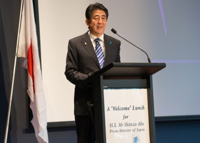 H.E. Shinzo Abe, Prime Minister of Japan addressing business lunch hosted by Asia Society and collaborative partners. (Irene Dowdy)