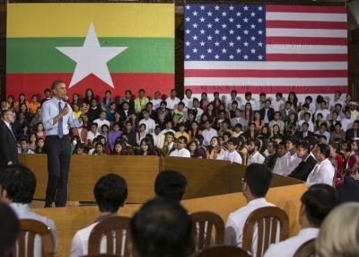 U.S President Barack Obama speaks to students during a Young Southeast Asian Leaders Initiative (YSEALI) Town Hall meeting on November 14, 2014 in Yangon, Burma. (Paula Bronstein/Getty Images)