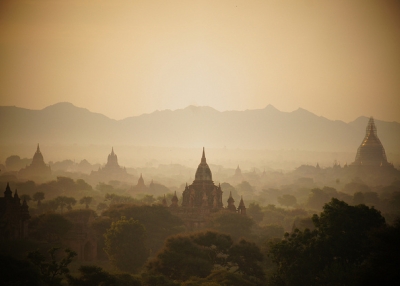 The sunrises over pagodas scattered around Bagan, Myanmar on October 7, 2014. (Rajesh_India/Flickr)