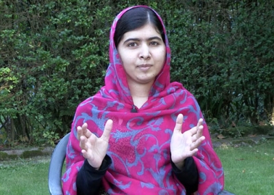 Malala Yousafzai's video address to Asia Society, taped at her home in England, was shown at Asia Society awards ceremony at the United Nations in New York City on October 16, 2014.  