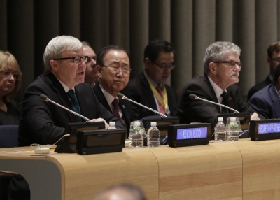 ASPI President Kevin Rudd, UN Secretary-General Ban Ki-moon, and UN General Assembly President Mogens Lykketoft during the high-level debate on international peace and security on October 1, 2015. (Evan Schneider/UN Photo)