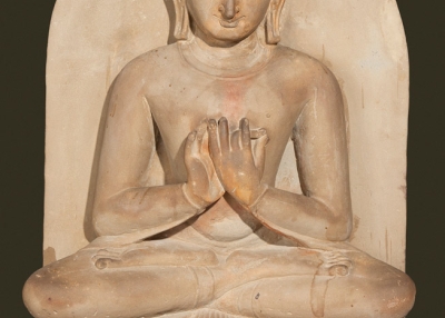 Buddha seated in dharmacakra mudra; Pagan period, 11th century; Sandstone; H. 42 x W. 27 x D. 10 in. (106.7 x 68.6 x 25.4 cm)l Bagan Archaeological Museum (Sean Dungan)