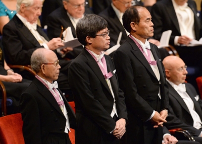 Nobel physics laureates 2014 (L-R) Shuji Nakamura, Isamu Akasaki, and Hiroshi Amano. (Janerik Henriksson/AFP/Getty Images)