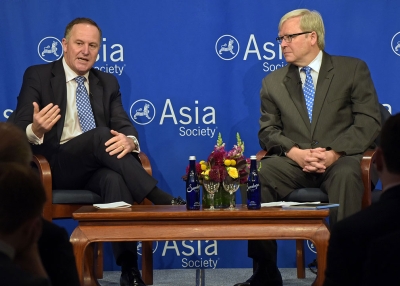 New Zealand Prime Minister John Key discusses China’s economic transformation and the country’s changing posture toward the TPP during a conversation with ASPI President Kevin Rudd. (Elsa Ruiz/Asia Society)