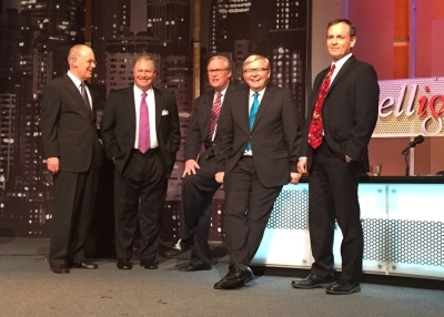 (L to R) John Mearsheimer, Peter Brookes, John Donvan, Kevin Rudd, and Robert Daly onstage before their Intelligence Squared debate on October 14, 2015. (Asia Society/Debra Eisenman)