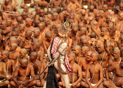 Newly initiated "Naga Sadhus" perform rituals on the bank of the Ganga River during the Kumbh Mela in Allahabad, India on January 30, 2013. (Sanjay Kanojia/AFP/Getty Images)