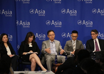 (L to R) Wendy Cai-Lee, Beth Fisher, Kai-yan Lee, John Liang, Arthur Margon, and Orville Schell discuss Chinese investment in U.S. real estate.