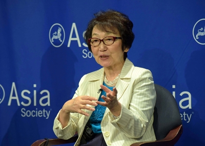 Former Japanese Minister of the Environment and former Minister for Foreign Affairs Yoriko Kawaguchi discusses why Japan turned to renewable energy. (Elsa Ruiz/Asia Society)