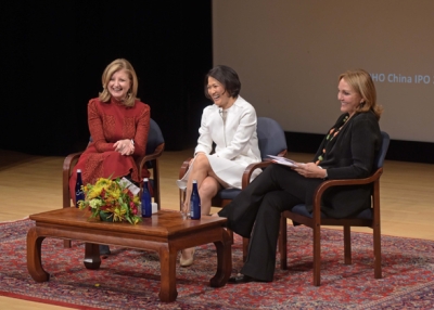 Arianna Huffington, Zhang Xin, and Josette Sheeran enjoy a light moment during a conversation about women in leadership at Asia Society in New York on September 29, 2016. (Elsa Ruiz/Asia Society)