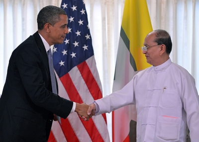 U.S. President Barack Obama shakes hands with Myanmar's President Thein Sein (R) after a meeting at the regional parliament building in Yangon on November 19, 2012. (Jewel Samad/AFP/Getty Images)