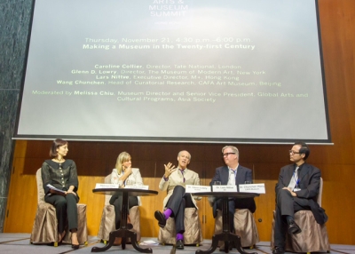 From left: Melissa Chiu, Caroline Collier, Glenn D. Lowry, Lars Nittve, and Wang Chunchen discuss "Making a Museum in the 21st Century" during the Arts & Museum Summit at Asia Society in Hong Kong on Thursday, November 21, 2013. (Nick Mak/Asia Society)