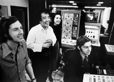 L to R: David Loxton, Nam June Paik, Charlotte Moorman, and John Godfrey at the TV Lab studio in New York City. (Courtesy Howard Weinberg)