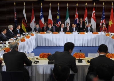 Leaders from the Trans-Pacific Partnership take part in a meeting at the U.S. Embassy in Beijing on November 10, 2014. From left: Vietnam’s Vu Hu Hoang, U.S. Trade Representative Mike Froman, U.S. President Barack Obama, Singapore Prime Minister Lee Hsien Loong, and Singapore’s Ow Foong Pheng. (Mandel Ngan/Getty Images)