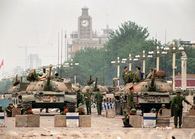 People’s Liberation Army tanks stand guard on Chang’an Avenue in Beijing on June 6, 1989, two days after soldiers opened fire on civilians. (Manuel Ceneta/AFP/Getty)