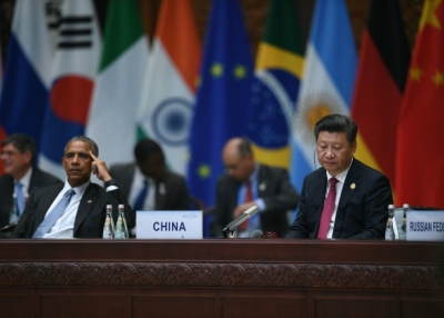 U.S. President Barack Obama (L) looks on with China's President Xi Jinping (R) during a meeting at the G20 Summit in Hangzhou on September 4, 2016. (Johannes Eisele/AFP/Getty Images)