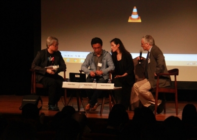 L to R: Evans Chan, Pema Tseden and his translator, and Robert Barnett (moderator) at Asia Society Hong Kong Center on October 31, 2014.