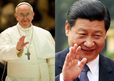 Pope Francis (L) (Catholic Church (England and Wales)/Flickr), and Xi Jinping disembarking plane in Africa with his wife, Peng Liyuan (R). (Getty Images)