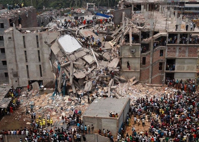 Aerial shot of the remains of the Rana Plaza building in Dhaka, Bangladesh. (Wikimedia Commons)