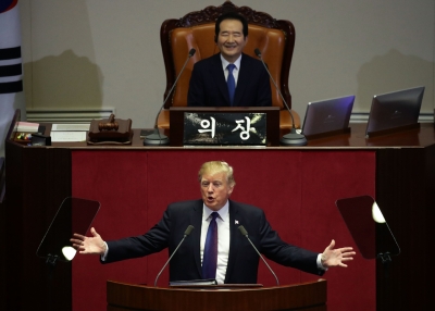 President Donald Trump addresses the South Korean parliament.