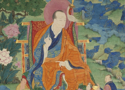 Vajriputra Arhat. 17th century. Possibly Kham (East Tibet). Tradition: Gelug. Pigments on cloth. MU-CIV/MAO 'Giuseppe Tucci,' inv. 926/759. Placement as indicated on verso: 3rd from right. Image courtesy of the Museum of Civilisation/Museum of Oriental Art 'Giuseppe Tucci,' Rome.