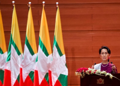 Myanmar's State Counsellor Aung San Suu Kyi delivers a national address in 2017