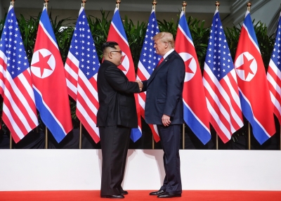 Kim Jong Un and Donald Trump meet in Singapore.
