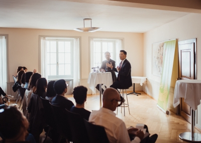 John Park speaking at Asia Society Switzerland in Zurich, May 29, 2018.