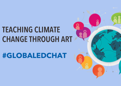 Teaching Climate Change Through Art, #GlobalEdChat - image of the world with chat bubbles around it