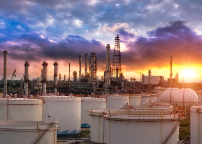 Oil and gas industry - refinery factory - petrochemical plant at sunset