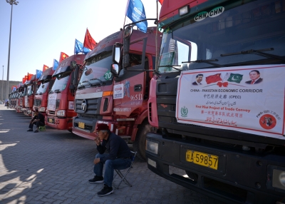 Chinese drivers await shipments in the port of Gwadar, Pakistan.