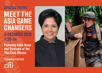 Meet the Asia Game Changers featuring Indra Nooyi and Thai Cave Rescue survivors event flyer