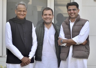 Sachin Pilot (right), with the newly elected chief minister of Rajasthan, Ashok Gehlot (left), and Rahul Gandhi (middle), President of Indian National Congress