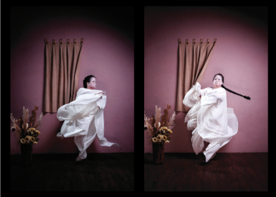 Two of photos of artist Melati Suryodarmo are placed side by side. The artist is dressed in all white and the photo captures her in movement.