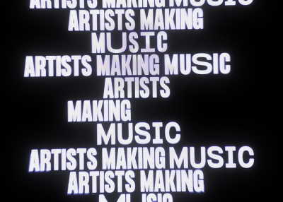 The text "artist making music" repeats in all caps in a column of varying width against a black background